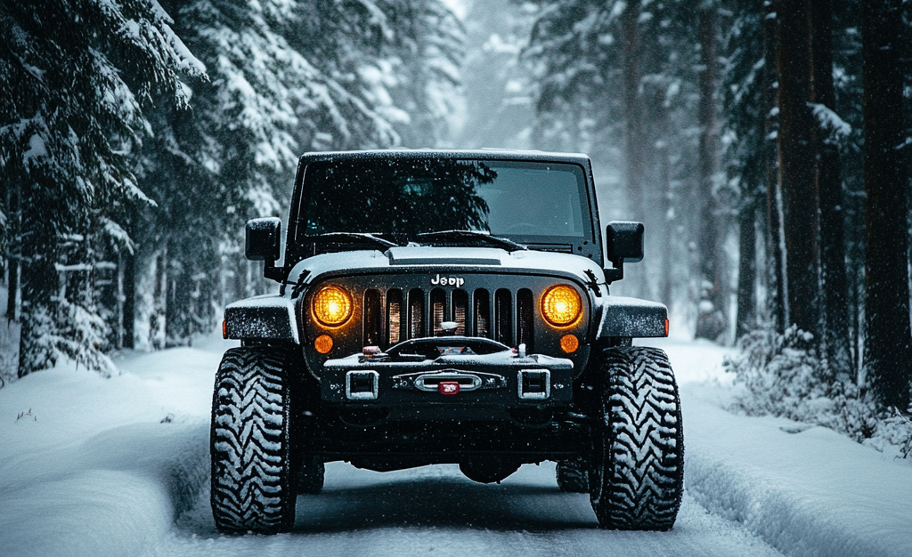 Jeep Wrangler driving on a snowy winter road