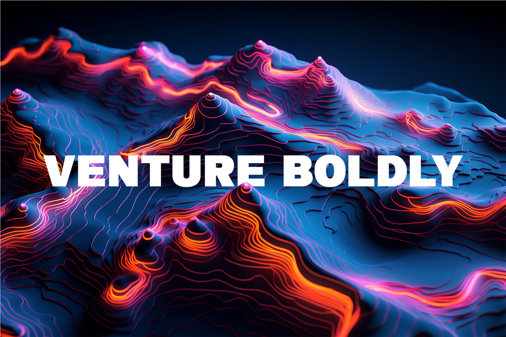 Red and blue topographic map with the words "Venture Boldly"